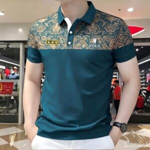 printed polo shirt featuring a rich teal blue =4